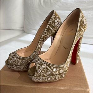Christian Louboutin Olive Embroidered Peep-Toe Platform Pumps